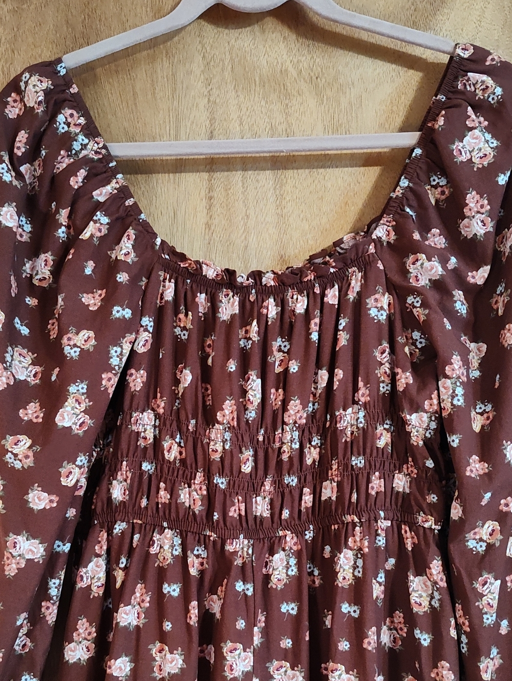 Celebrity Pink Puff Sleeve Babydoll Dress Vintage Bloom Brown Coral Smocked Med - Picture 9 of 15